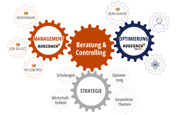 Kreis-Grafik mit Unterteilung in Management, Optimierung und Strategie