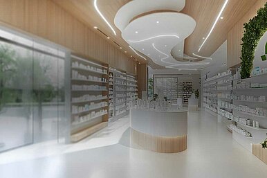 Helle moderne Apotheke mit eleganter Innenarchitektur, weißen Produktregalen und grünen Pflanzen