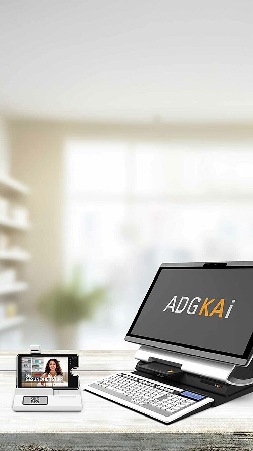 Moderne Apotheken-Technologie mit Kassensystem ADGKAi und digitalem Kundeninteraktionsgerät Y7 MULTITALENT in heller Apotheke
