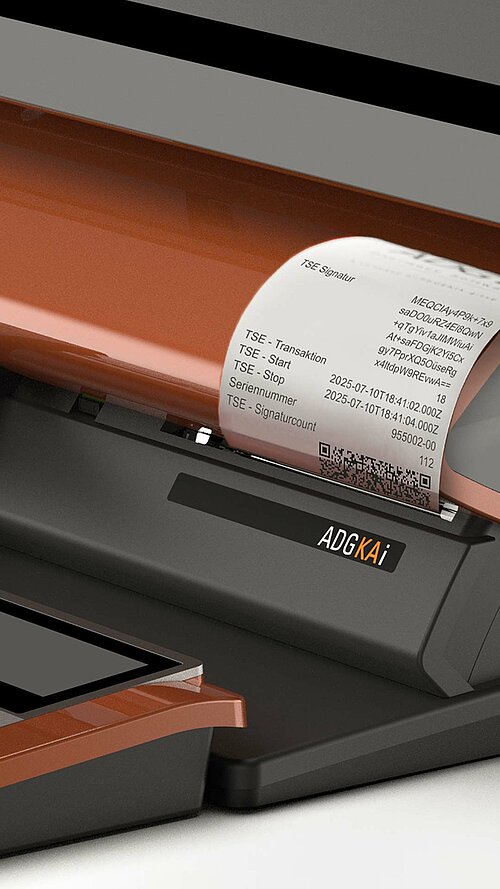 Apothekenkasse mit Tastatur, integriertem Drucker und Bildschirm, der einen gedruckten Beleg mit TSE-Transaktionsdaten zeigt