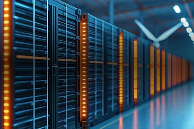Modernes Rechenzentrum mit beleuchteten Server-Racks und Windturbine im Hintergrund