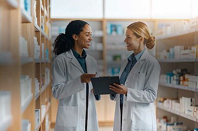 Zwei Apothekerinnen in weißen Kitteln sprechen miteinander in einer modernen Apotheke